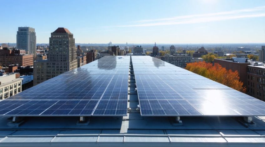 Aerial view of solar panels on commercial rooftops in Washington, DC, highlighting the city's commitment to renewable energy transformation.