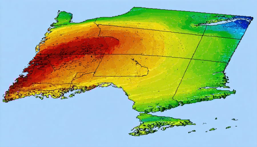 Digital wind resource map displaying regional wind energy potential with color gradients
