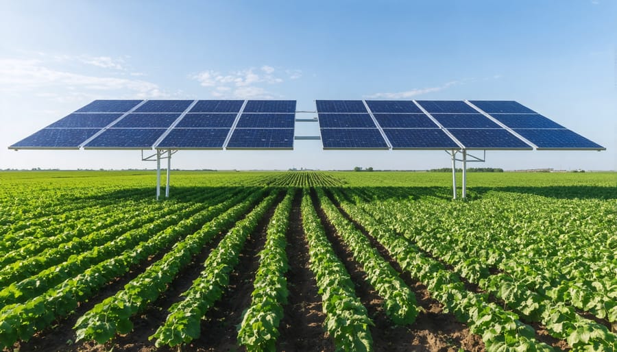 Agrivoltaic system showing solar panels integrated with active farmland