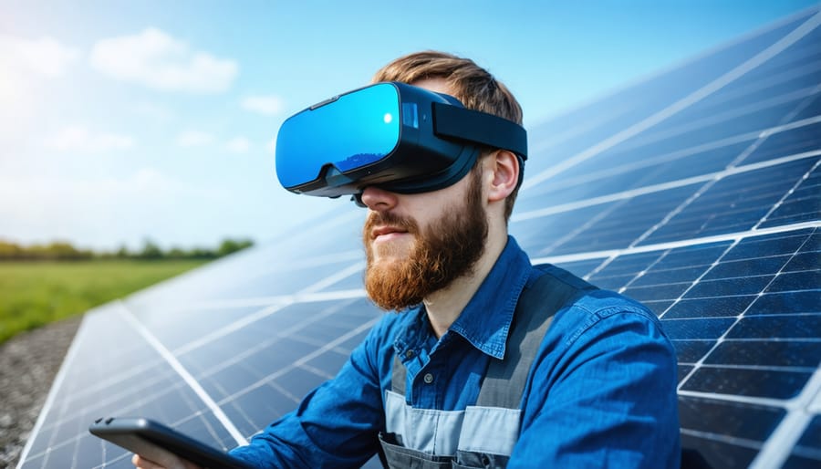 Renewable energy technician wearing AR glasses while inspecting solar panels
