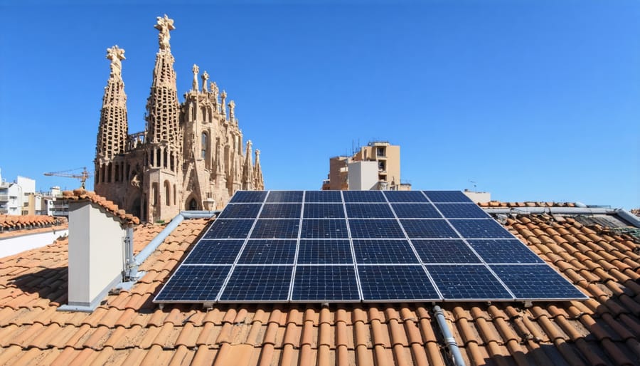 Solar panels harmoniously integrated with traditional European city architecture in Barcelona