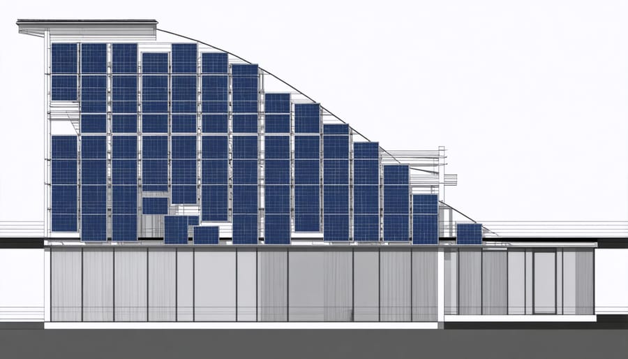Modern building design incorporating solar panels in a honeycomb-like pattern across its exterior