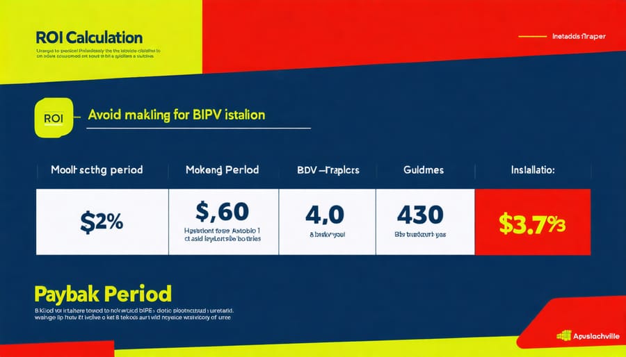 Visual breakdown of BIPV costs, savings, and return on investment over time