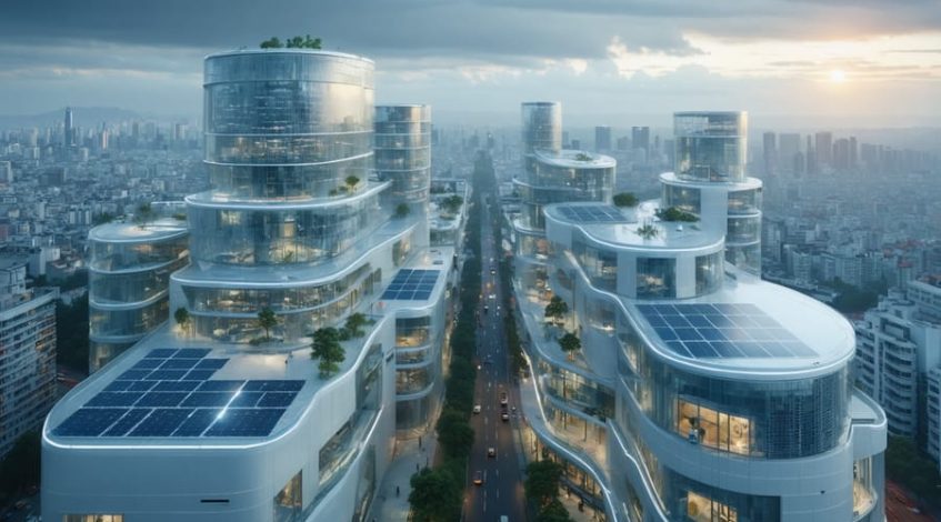 A futuristic cityscape featuring buildings with seamlessly integrated solar panels on roofs, facades, and windows, illustrating the blend of modern design and renewable energy.