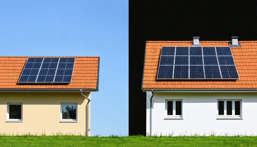 Side-by-side comparison of traditional roof-mounted solar panels and seamlessly integrated solar roof tiles
