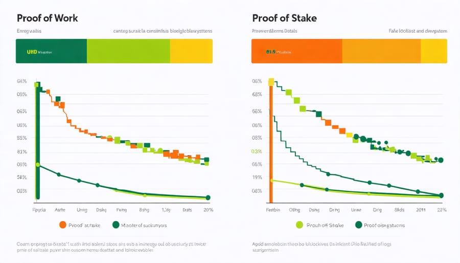 Bar chart comparing energy consumption levels between PoW and PoS blockchain systems