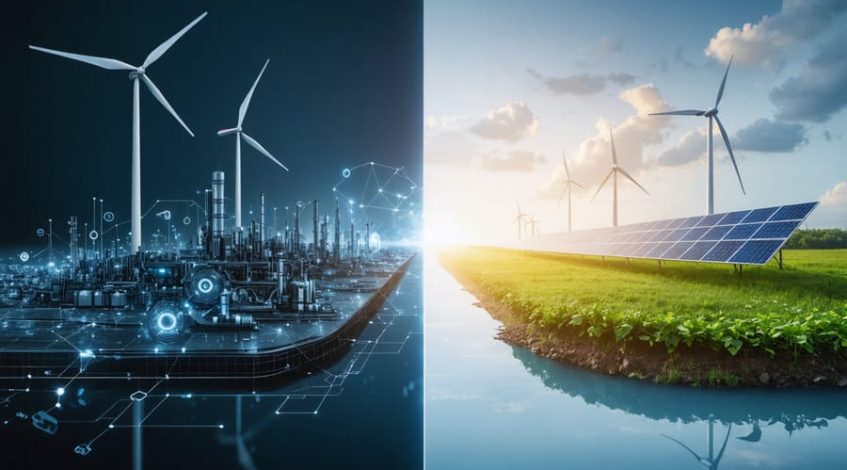 An abstract comparison of blockchain's energy usage, contrasting energy-intensive traditional systems with modern renewable energy solutions powered by solar and wind.