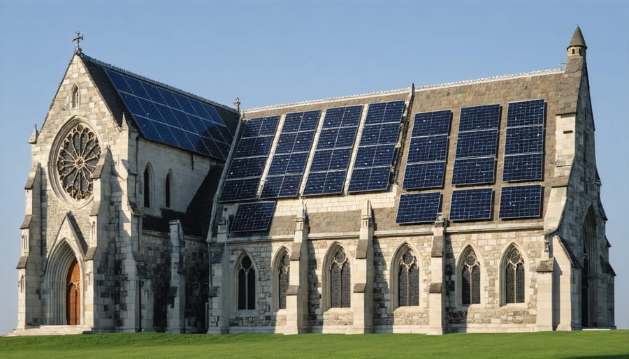 Historic church featuring solar tiles that match original roof architecture