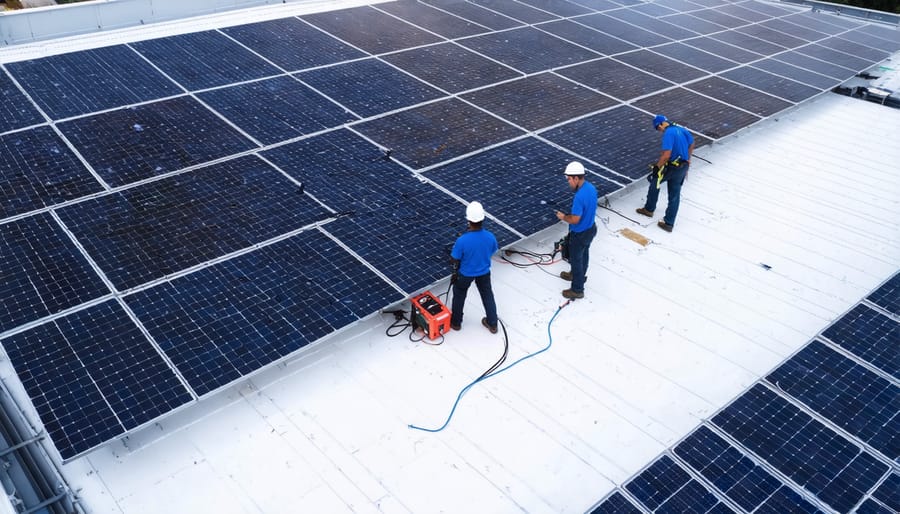 Professional technicians installing solar panels on large commercial building roof