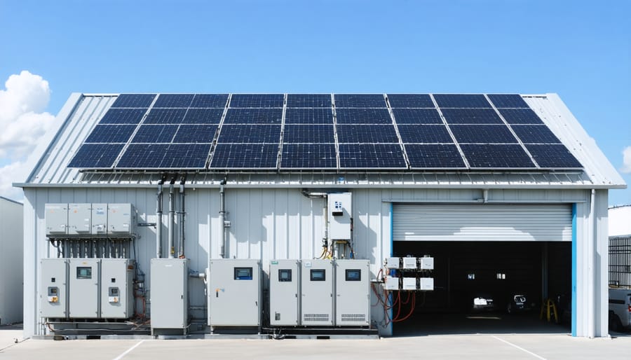 Modern commercial building roof featuring solar panels with visible monitoring and maintenance systems