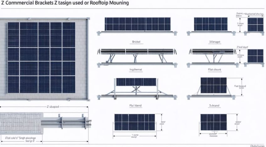Illustration of a commercial rooftop solar panel installation highlighting Z brackets, with detailed views of their Z-shaped design, mounting points, and compatibility with different roof types.