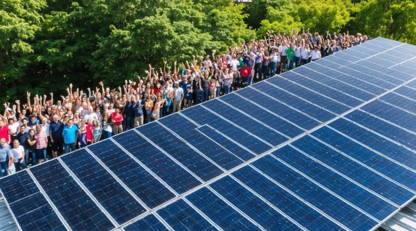 Aerial view of a community solar garden with diverse residents participating in an educational event, surrounded by solar panels and green landscapes.