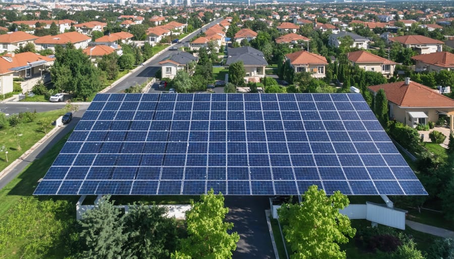 Drone photograph of solar panel array serving nearby residential community
