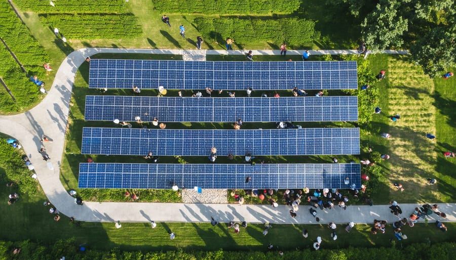 Large community solar panel installation with people gathered around for a demonstration