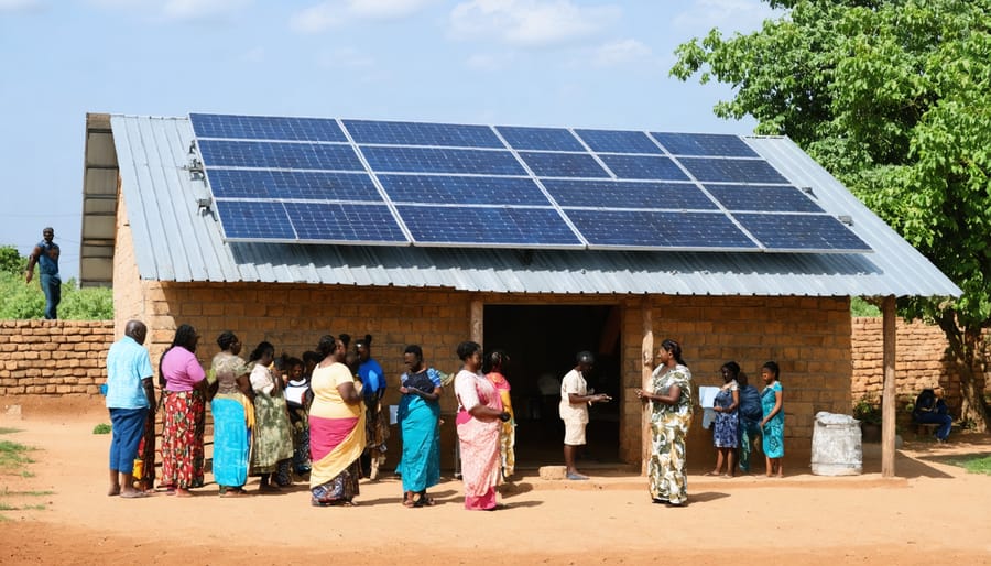 Community members working together to install solar panels on a rural building