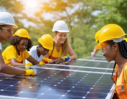 Diverse community collaboratively installing solar panels on a building, symbolizing the transformative power of microloans in promoting solar energy adoption.
