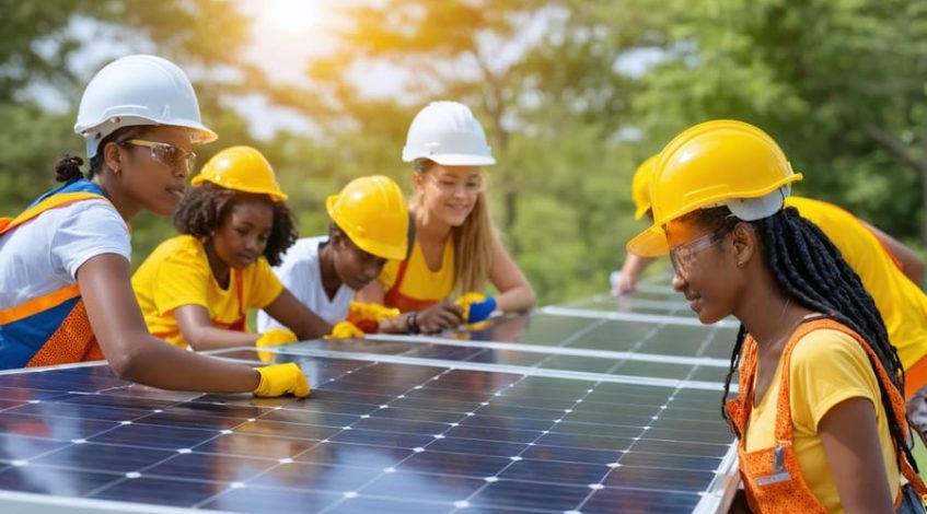 Diverse community collaboratively installing solar panels on a building, symbolizing the transformative power of microloans in promoting solar energy adoption.