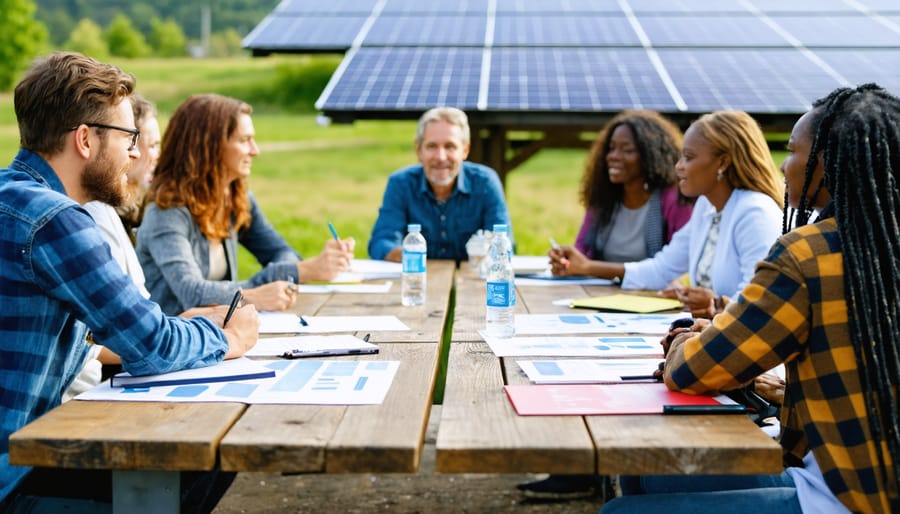 Community members reviewing solar project plans with developers and local officials