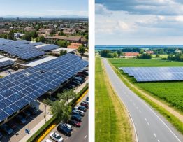 A split image showing urban community solar installations on rooftops and parking lots on the left and a large utility-scale solar farm on rural farmland on the right, illustrating different deployment models.