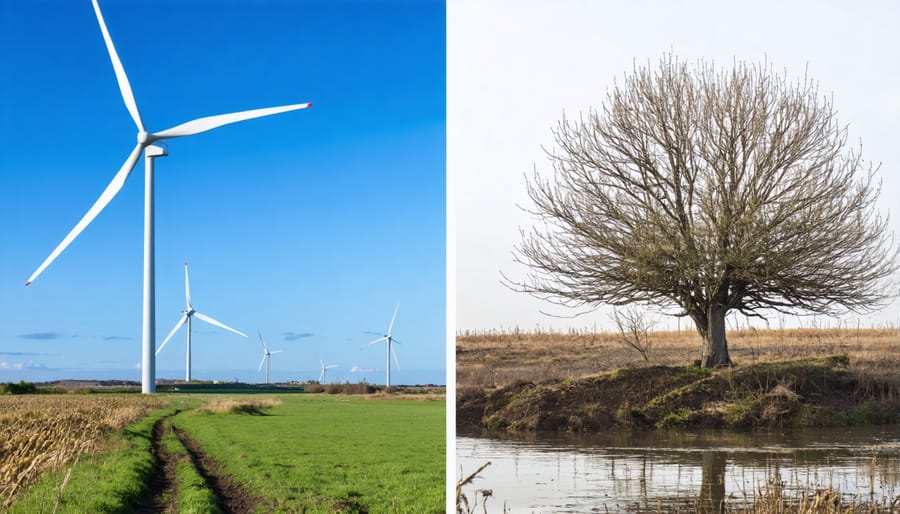 Before and after comparison of land with wind turbines and restored natural habitat