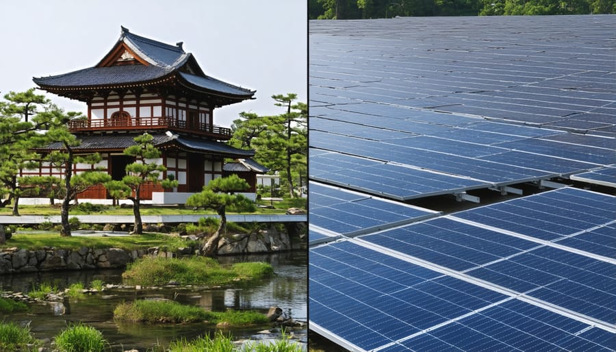 Contrasting solar installations showing cultural adaptation in different regions