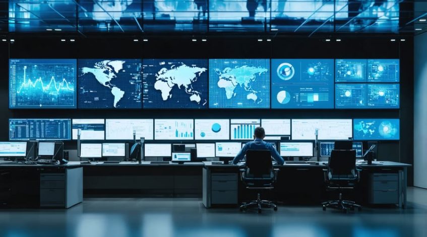 Utility professionals in a high-tech control center using digital tools and data analytics displays to manage smart grid operations, representing the future of utility workforces powered by digital innovation.