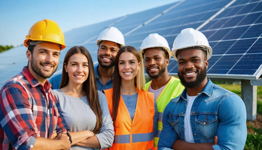 Community members of various ages and backgrounds collaborating at a solar energy cooperative installation