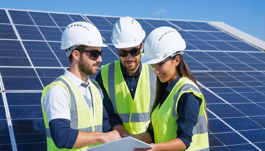 Multi-ethnic team of engineers and technicians collaborating at a solar farm installation