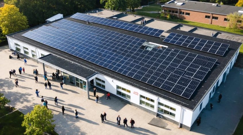 Aerial view of a modern school with solar panels on the roof, illustrating the integration of renewable energy in educational environments.