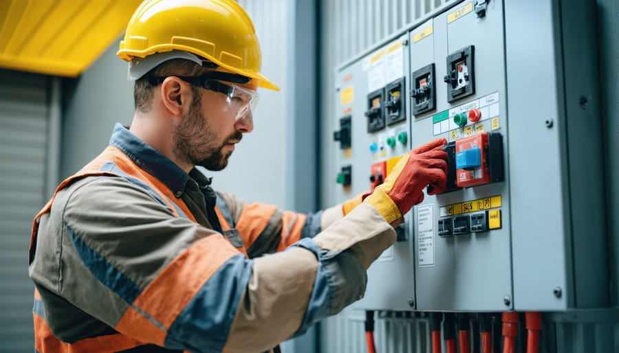 Trainer showing proper use of safety equipment and electrical testing procedures