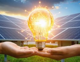 A conceptual depiction of community empowerment through electrification training, featuring hands working on solar panels, a glowing light bulb above a group of diverse individuals being guided by an instructor, set against a background of renewable energy elements.