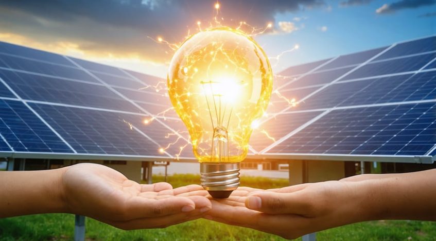 A conceptual depiction of community empowerment through electrification training, featuring hands working on solar panels, a glowing light bulb above a group of diverse individuals being guided by an instructor, set against a background of renewable energy elements.