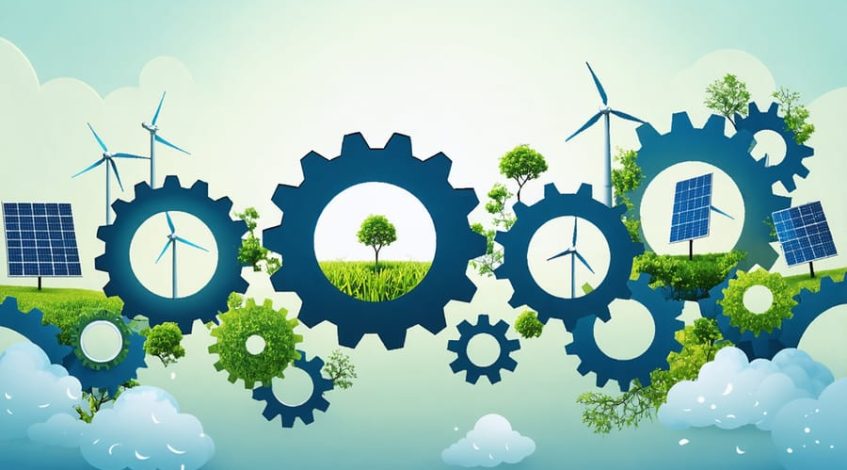 An illustration showing interconnected gears representing the core principles of energy cooperatives with renewable energy symbols, highlighting the synergy in community-driven power solutions.