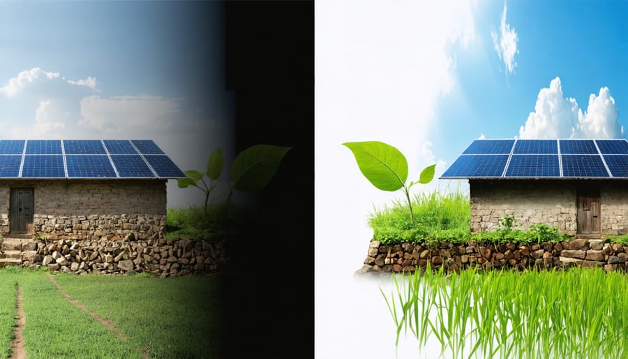 Contrasting images of a village before and after solar power implementation, showing the impact on daily life