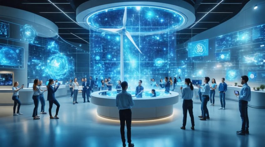 Futuristic scene inside GE's Renewable Energy Learning Center, featuring diverse individuals using advanced wind turbine simulators, solar panels, and virtual reality tools to enhance learning.