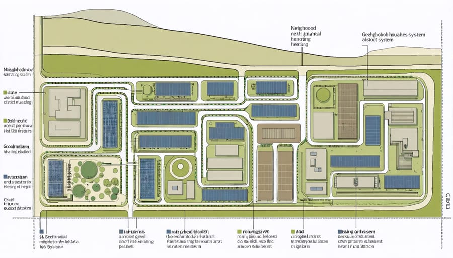 Cross-sectional illustration showing how geothermal district heating works in a community