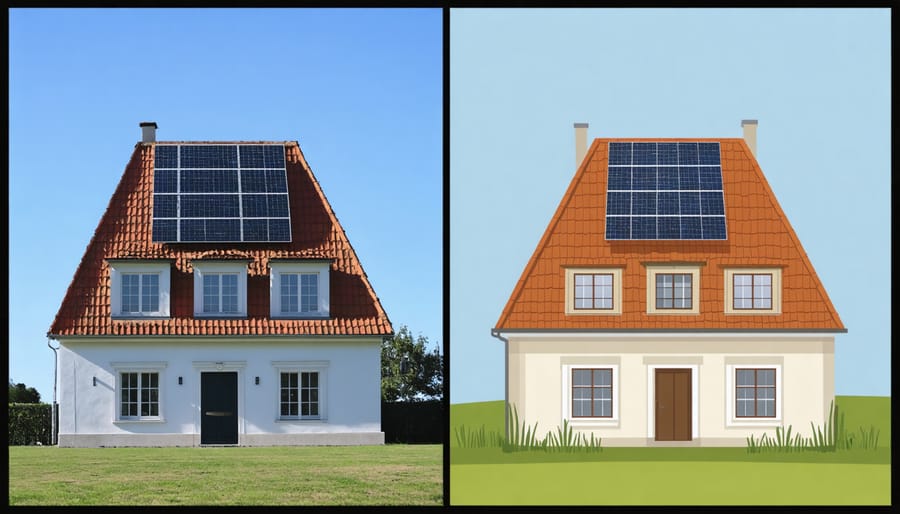 Side-by-side comparison of a historic building showing discreet solar panel integration