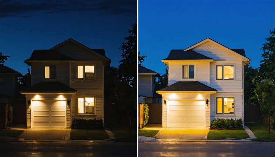House with lights on during neighborhood power outage, powered by battery backup system