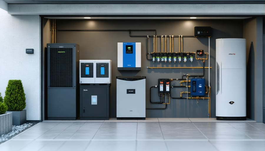 Home battery storage system installation showing lithium batteries and hybrid inverter components