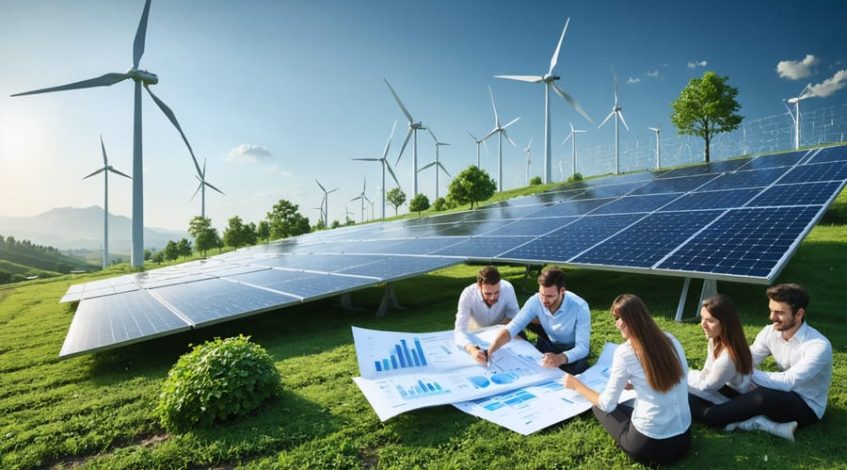 A futuristic scene featuring solar panels, wind turbines, and a diverse group of community members collaboratively working on renewable energy plans, symbolizing innovative and inclusive solar financing models.