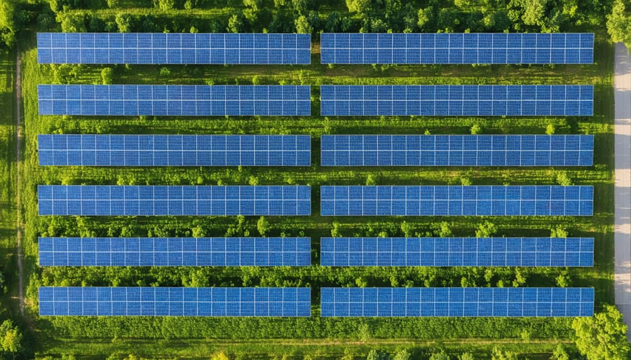 Bird's eye view of expansive solar panel array in Minnesota's community solar garden