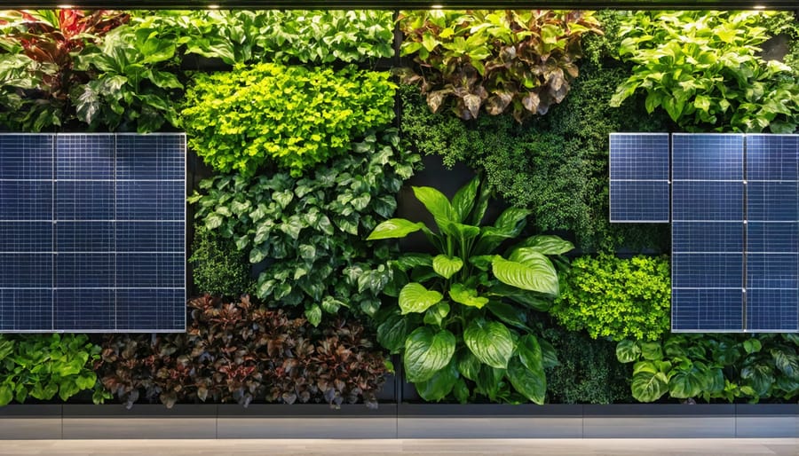 Green living wall with strategically placed solar panels allowing natural light in an office space