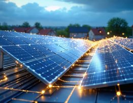 Digital illustration of a peer-to-peer solar energy trading network, with interconnected solar panels on building rooftops, glowing digital lines showing energy exchange, and symbols of blockchain technology.