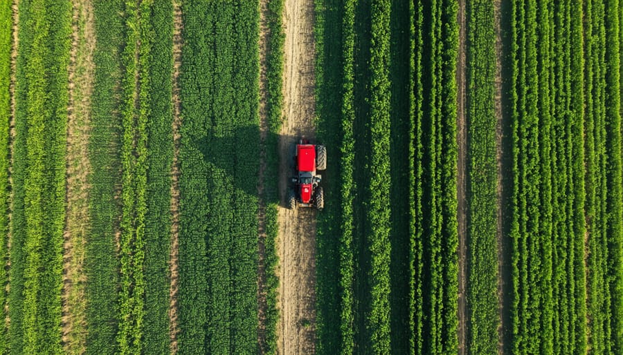 Precision agriculture technology showing GPS-guided tractor paths in crop fields