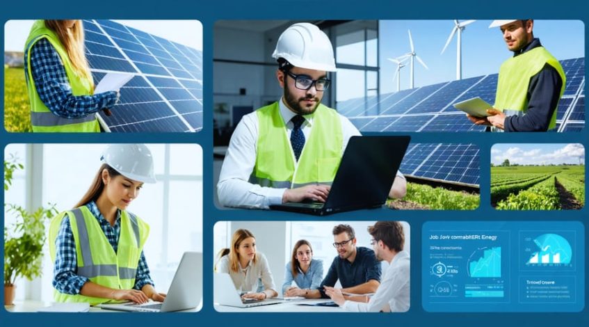 A diverse group of professionals representing different roles in the renewable energy sector, including engineers, analysts, and team collaborators, overlaid with an infographic of renewable energy job growth.