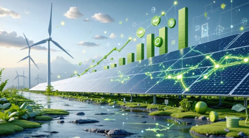 A conceptual image depicting solar panels, wind turbines, and a smart grid network, with elements symbolizing financial growth and innovation in the renewable energy industry.
