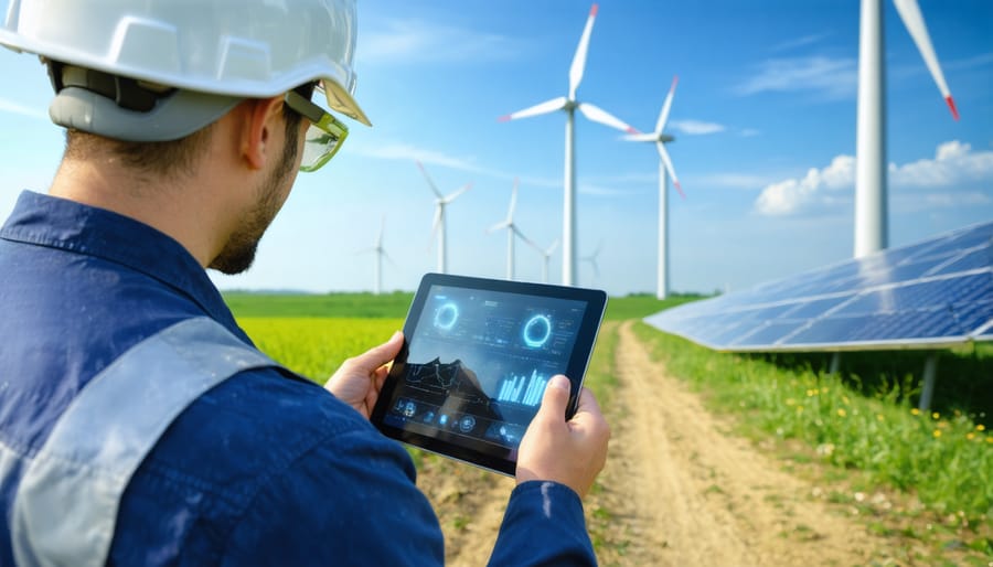 Site assessment professional conducting renewable energy survey with digital tools