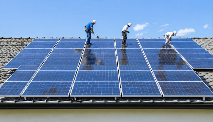 Solar panel installation team working on a single-family home rooftop