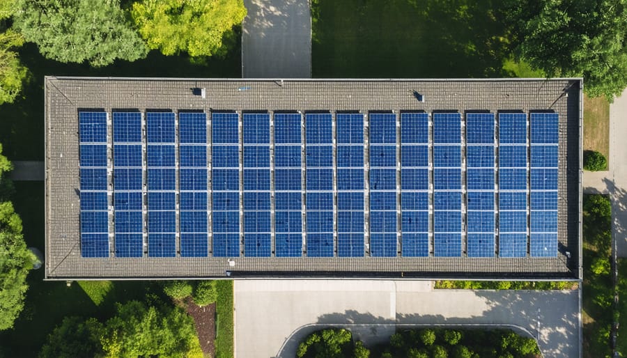 Solar panel array installed on a modern school building rooftop