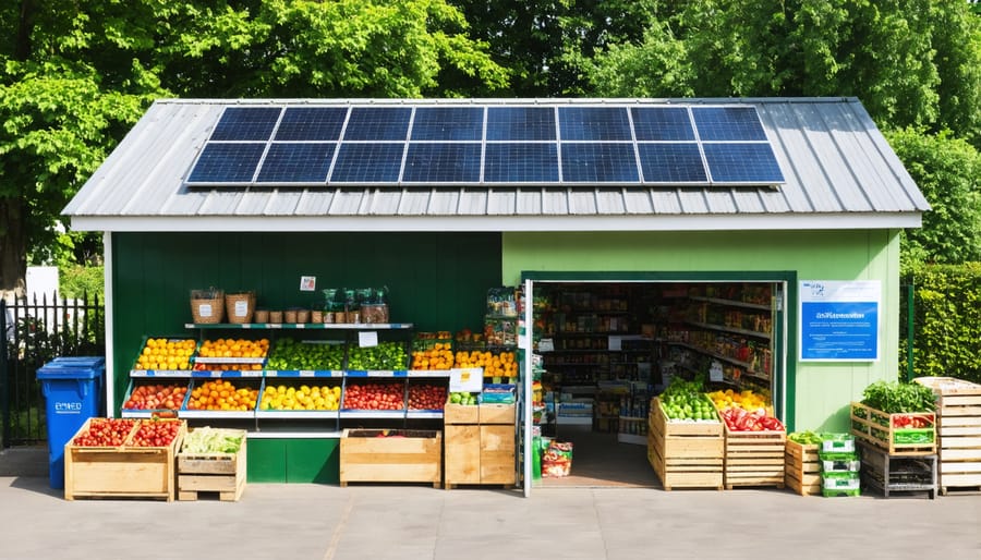 Small business storefront showcasing solar panel installation funded by microloan